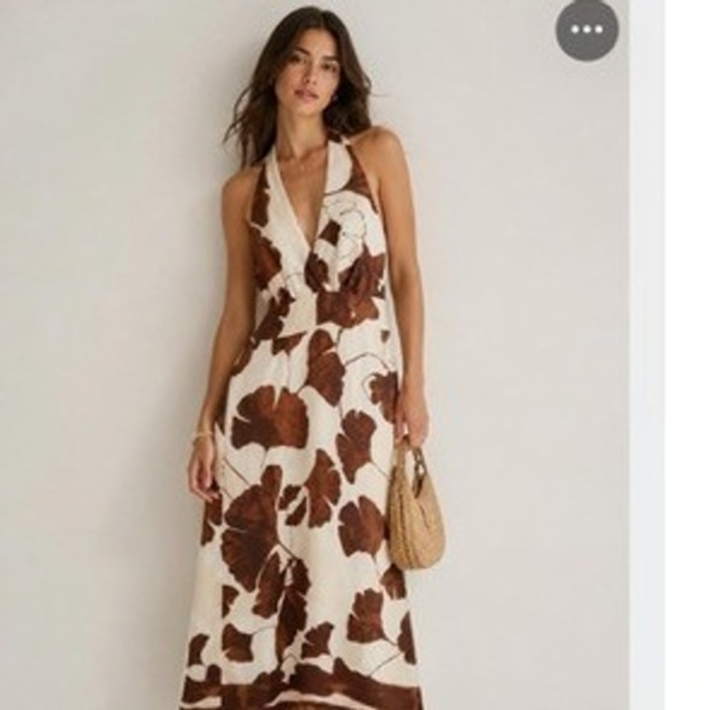 Vince Camuto Mocha NWT Floral Halter Midi Dress Neutral Ginkgo Print Size PS NWT